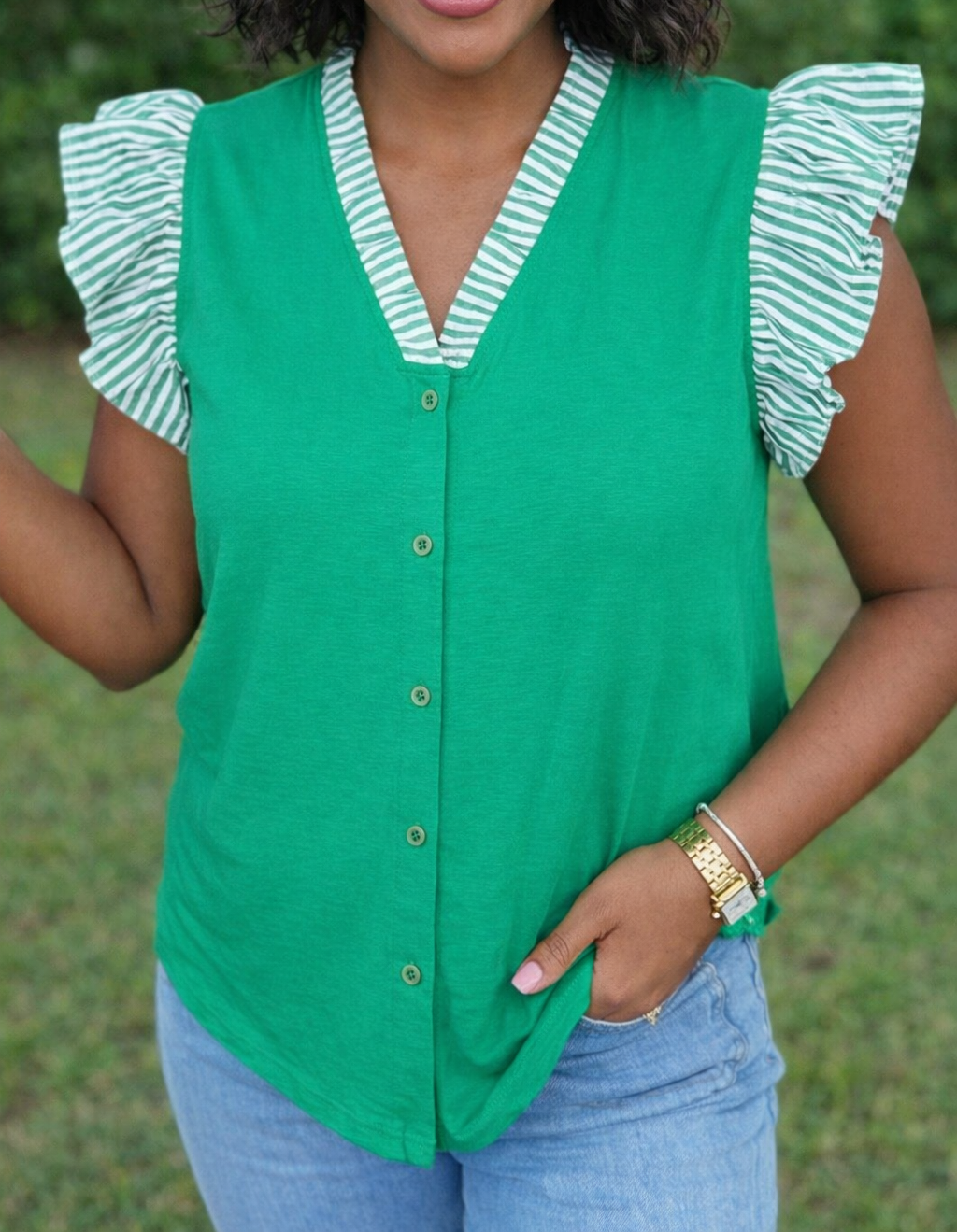 Green Plus Stripe Trim Blouse LT