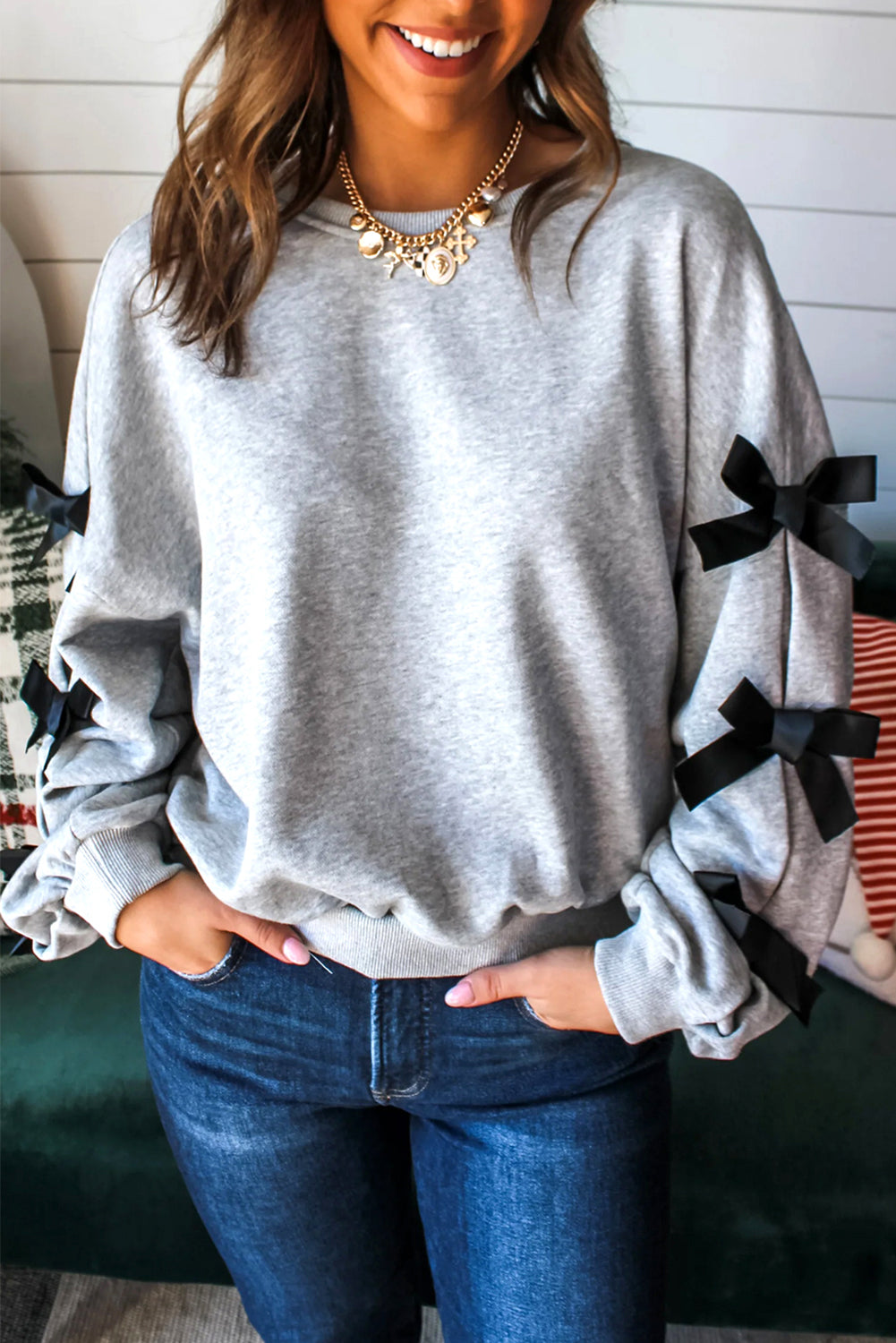 Grey Bow Sleeve Sweatshirt LT