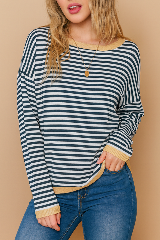 Grey Contrast Striped Sweater LT