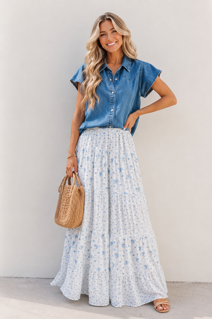 Blue Waist Floral Boho Skirt