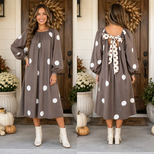 Brown Polka Dot Bow Back Midi Dress
