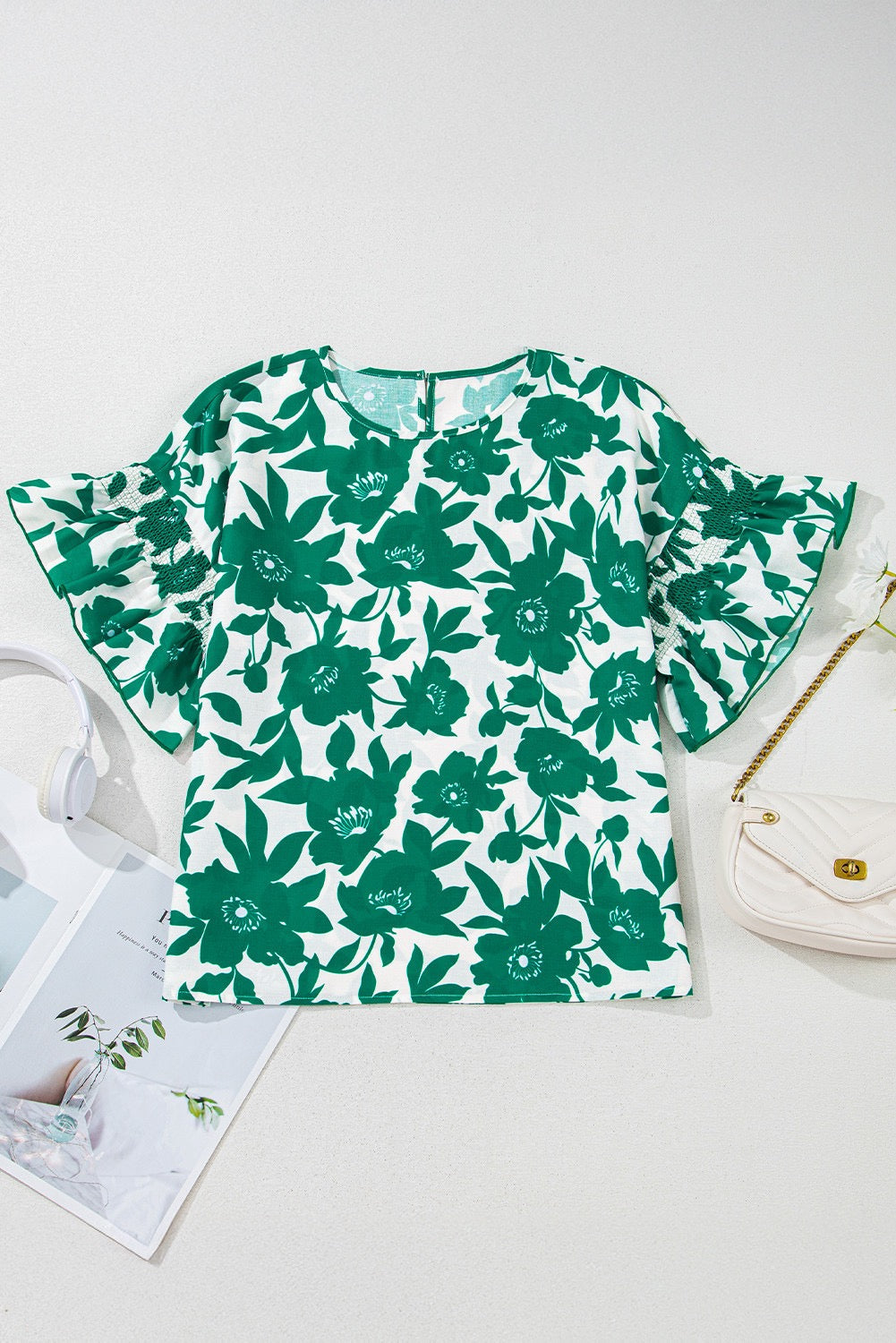 Green Floral Ruffle Sleeve Blouse March.