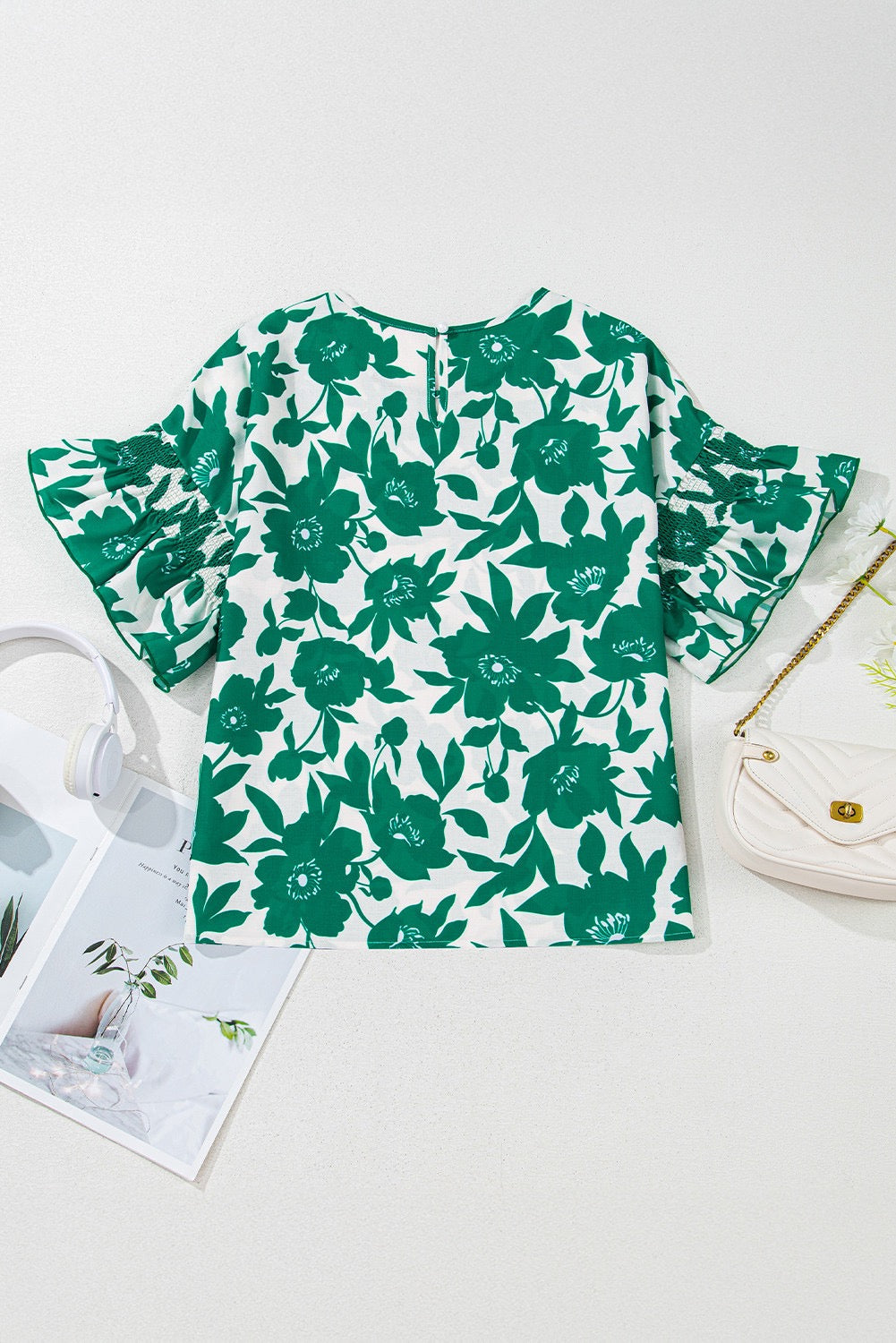 Green Floral Ruffle Sleeve Blouse March.