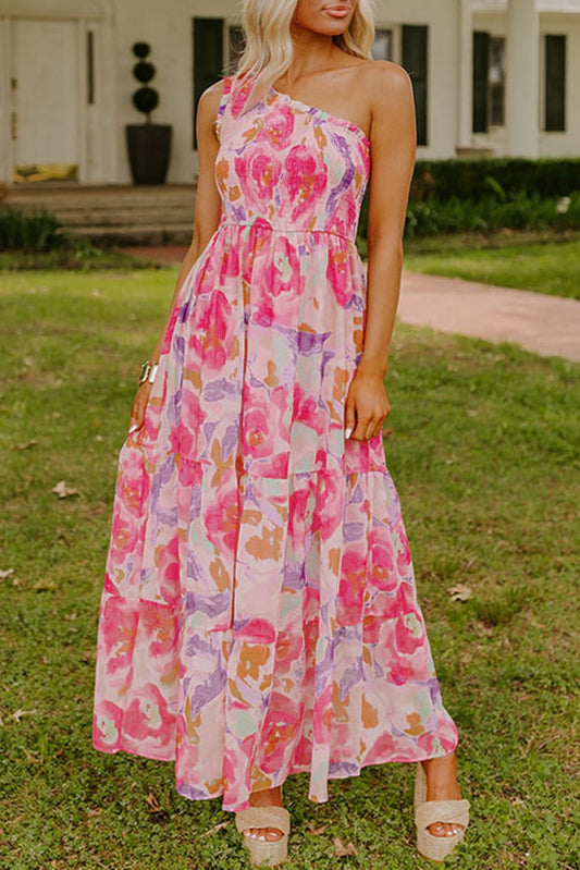 Pink Abstract Floral One Shoulder Maxi March.