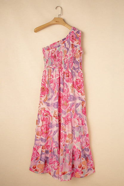 Pink Abstract Floral One Shoulder Maxi March.