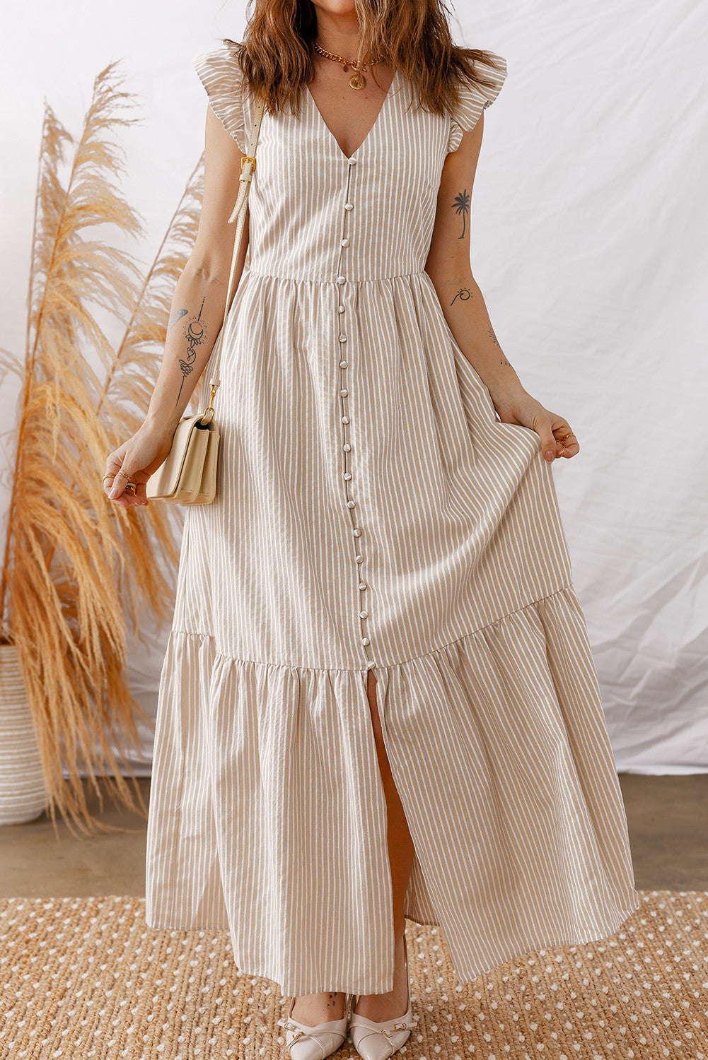 Khaki Stripe Button Maxi Dress December.