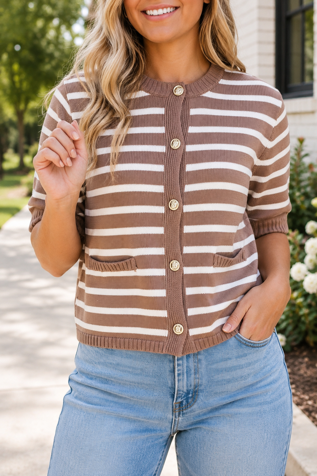 Khaki Stripe Knit Plus Cardigan