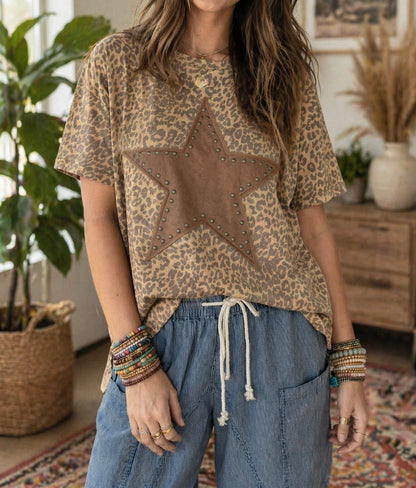 Leopard Studded Star Patch Top