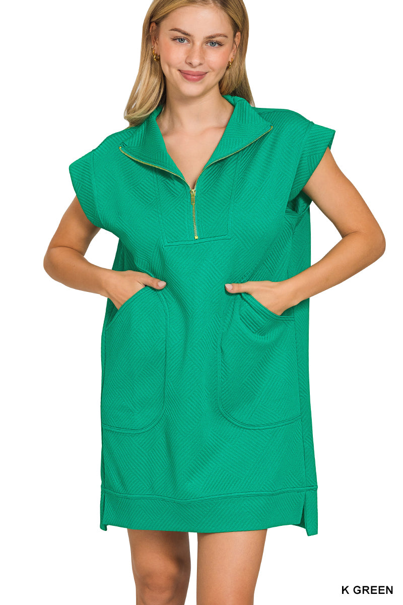 Textured- Knit Quarter Zip Dress Zenana