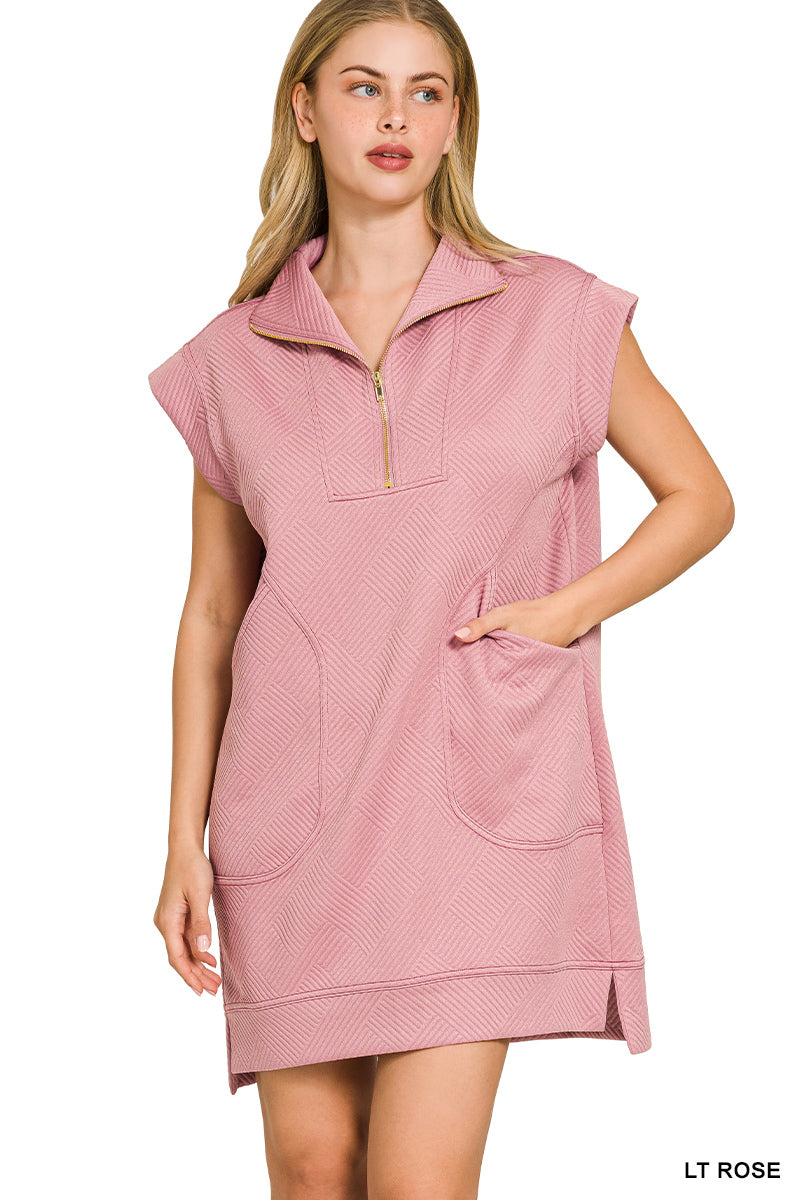 Textured- Knit Quarter Zip Dress Zenana