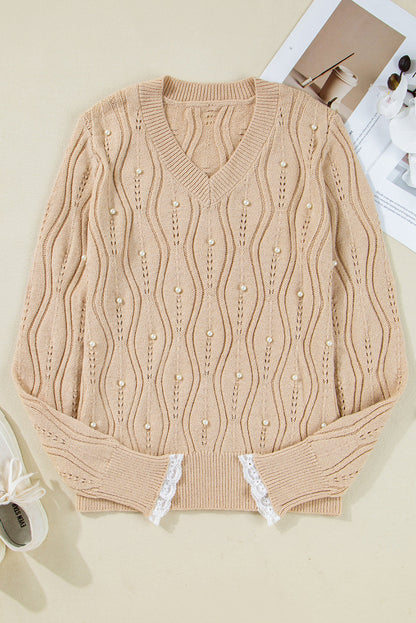 Pearl Beaded Peep Lace Sweater LT