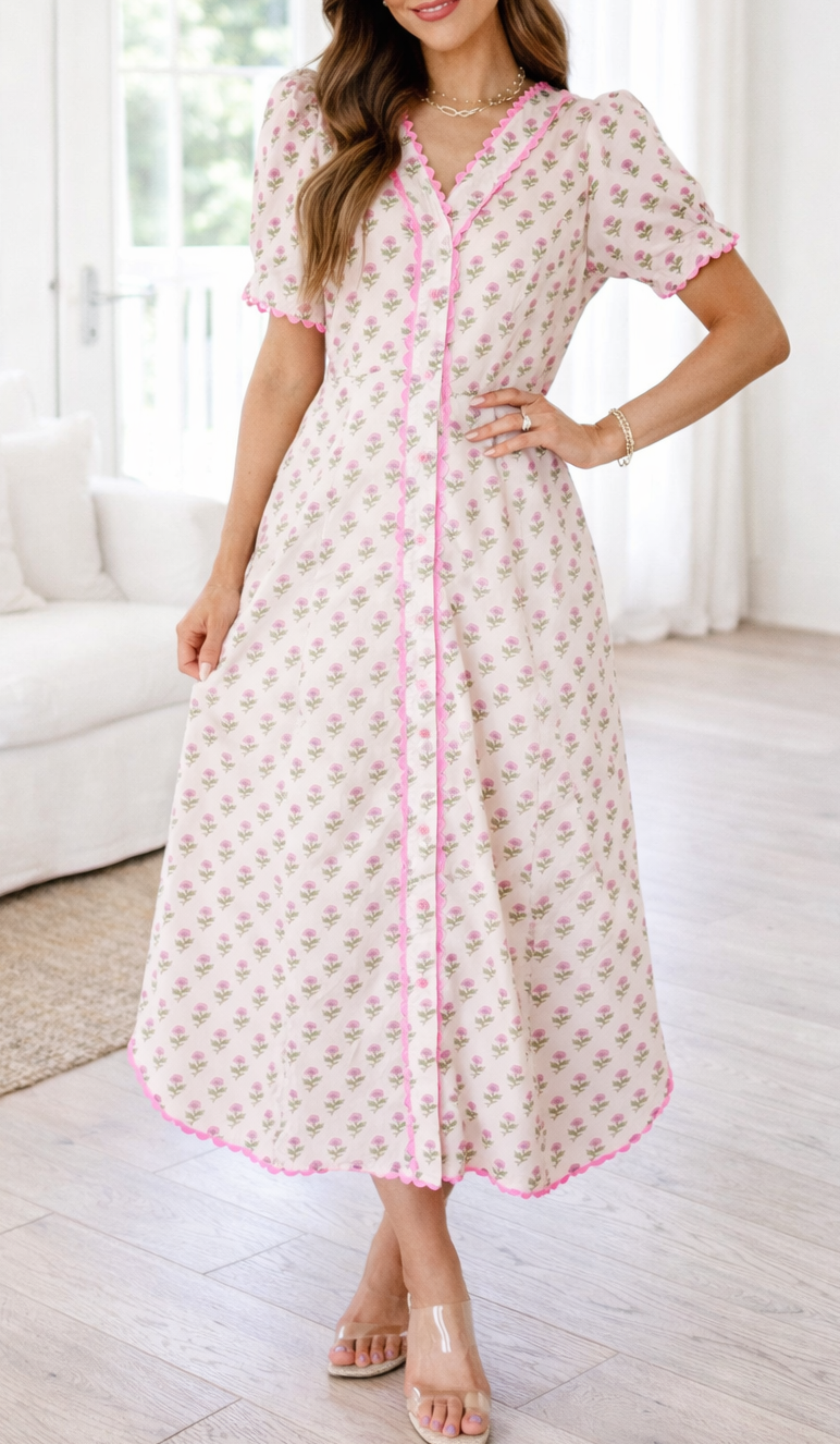 Pink Floral Scallop Trim Long Dress LT