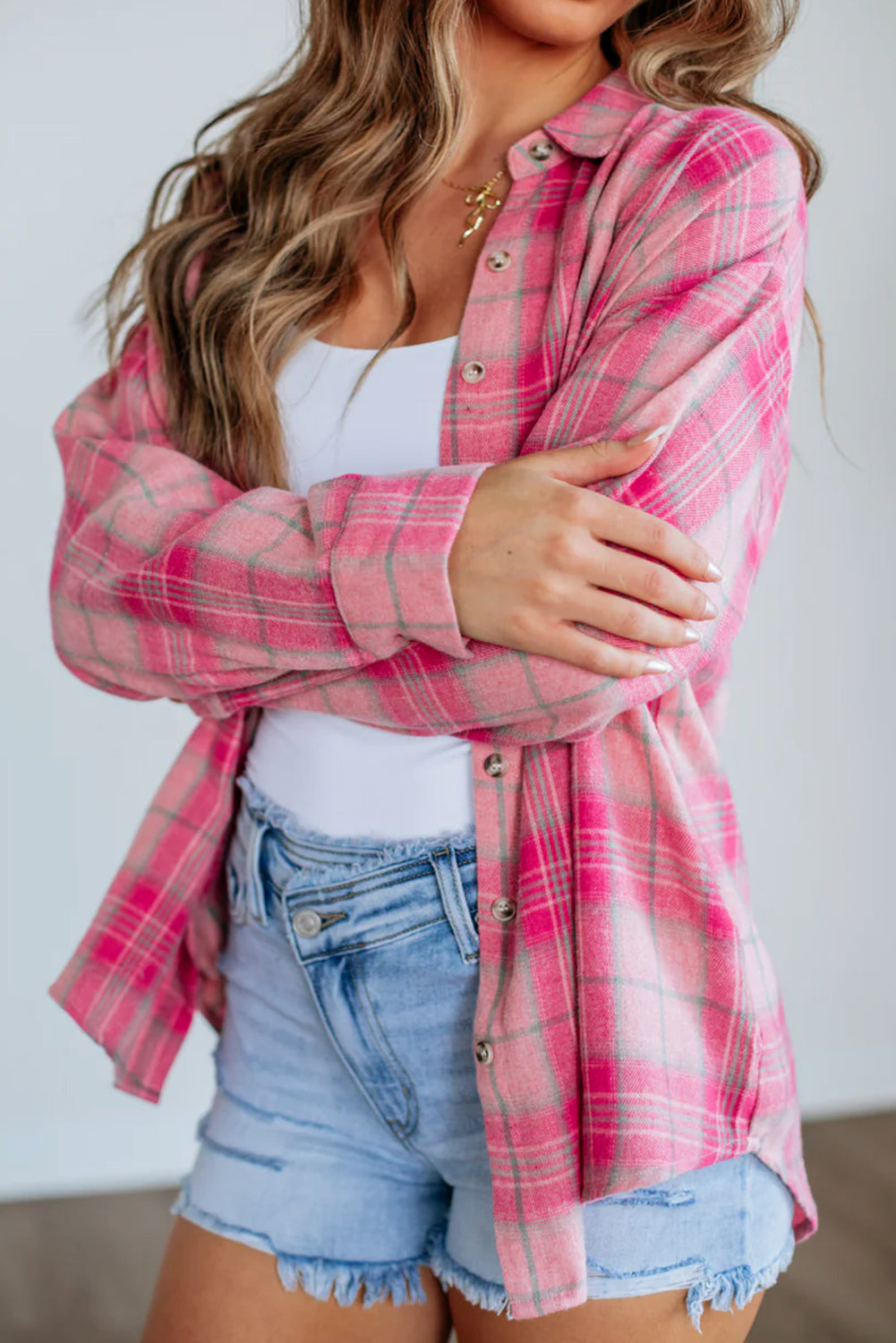 Pink Plaid Rounded Hem Shacket RTS