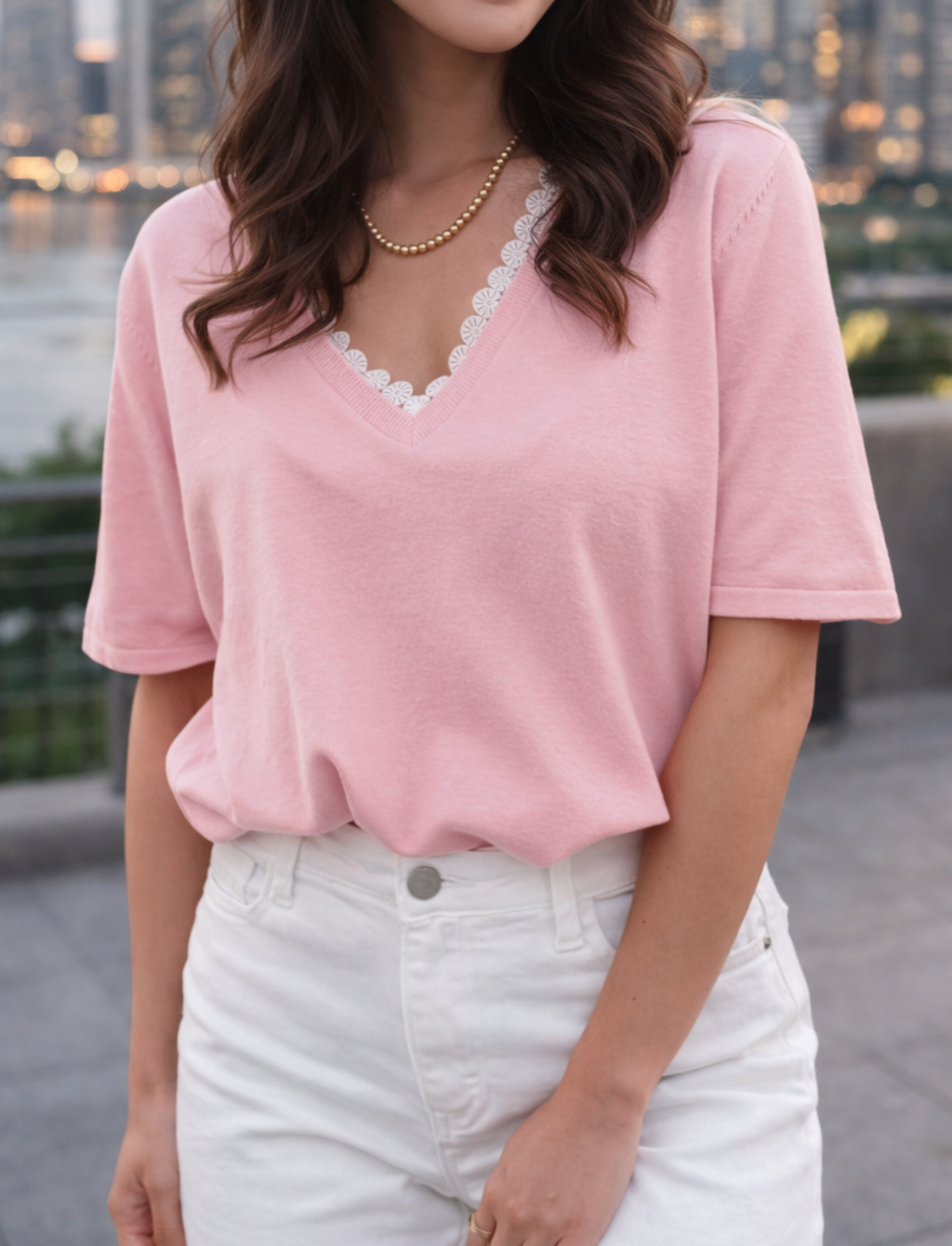 Pink Lace Neckline Sweater LT