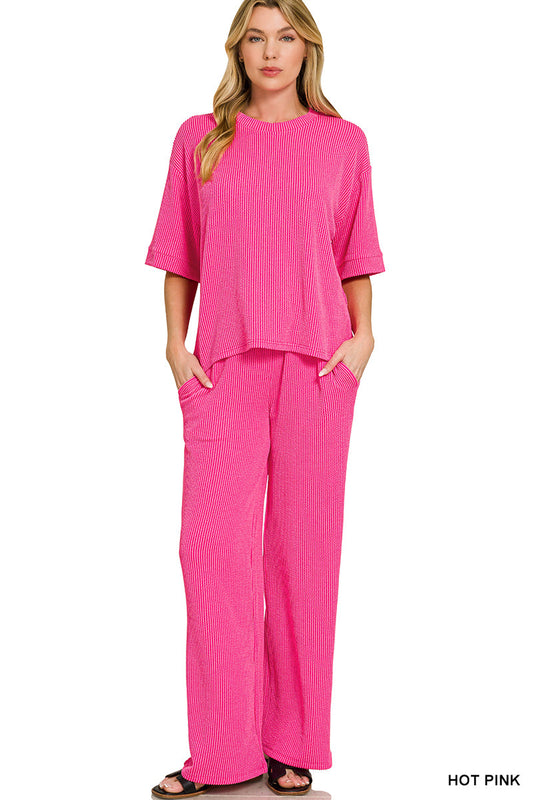 Raised-Rib Short Tee Pants Set Zenana New RTS