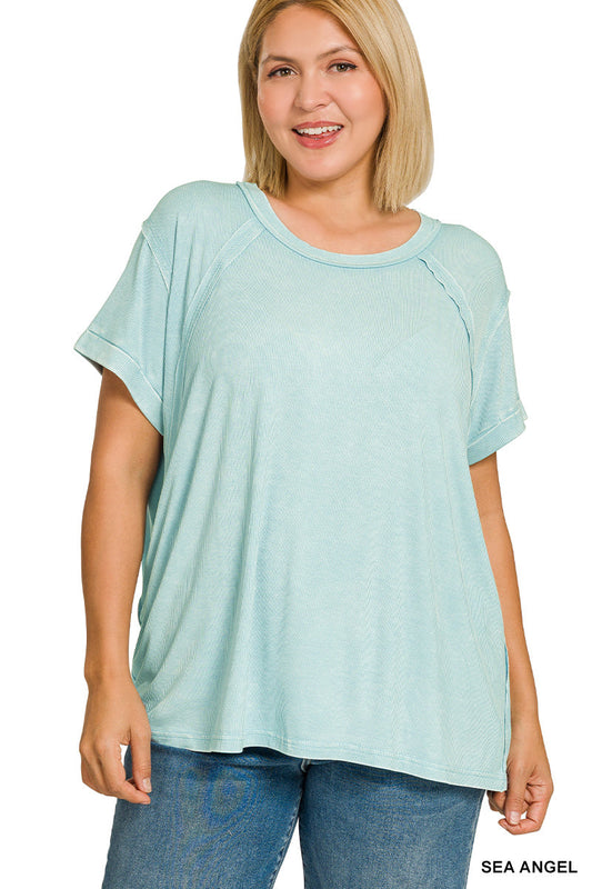 Plus Washed Ribbed Cuffed Top Zenana