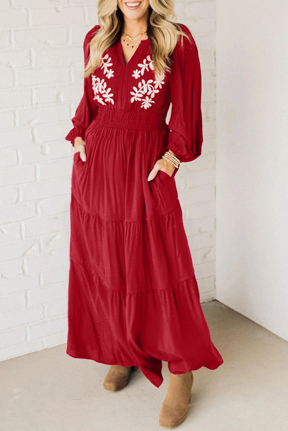 Red Embroidered Maxi Dress RTS