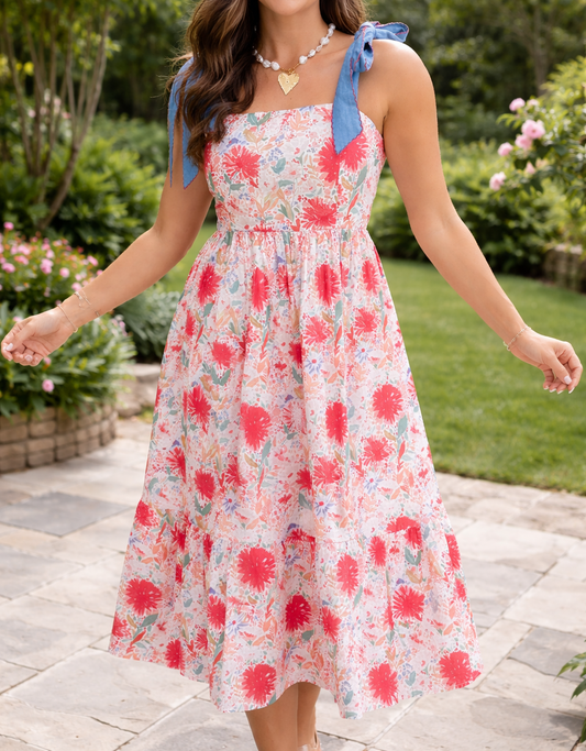 Red Floral Denim Knot Dress