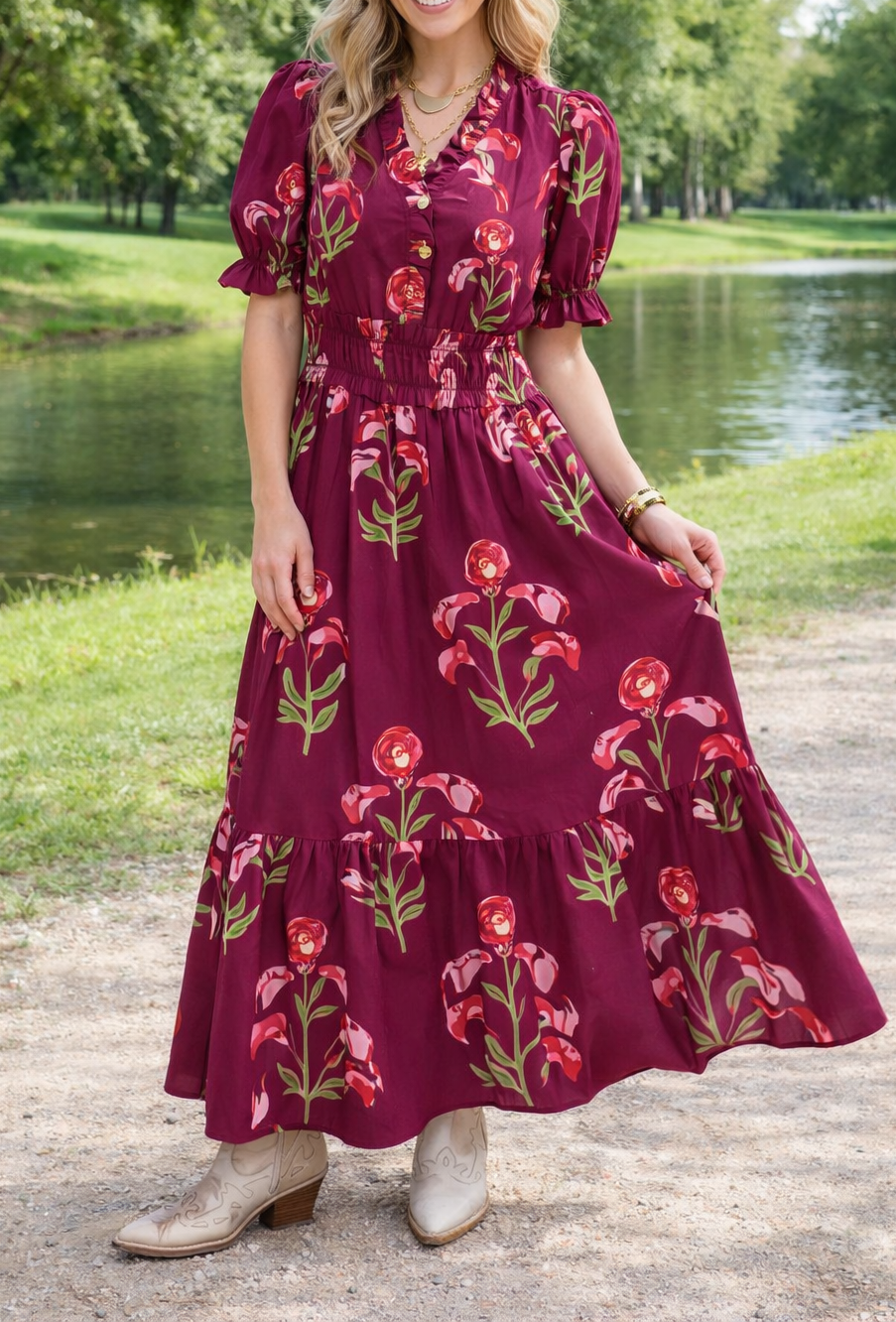 Red Floral Frilled Maxi Dress LT