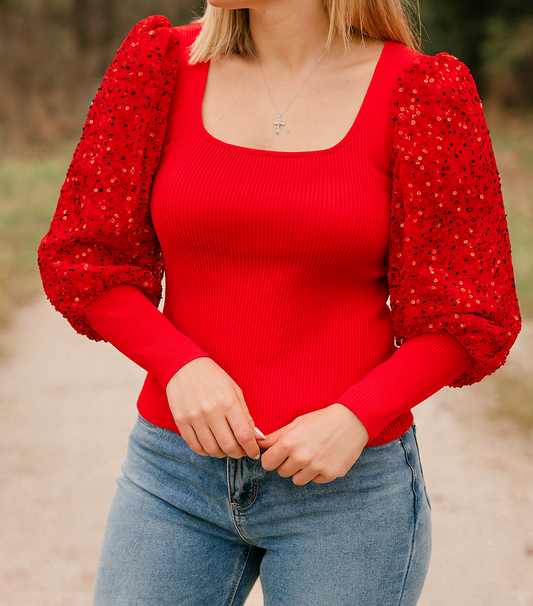 Red Sequin Sleeve Sweater LT