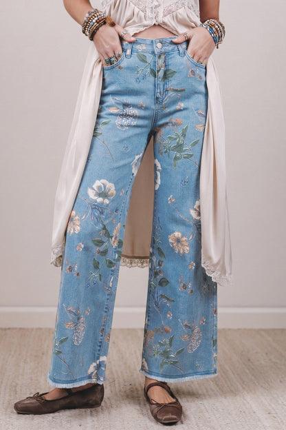 Retro Floral Frayed Hem Jeans RTS