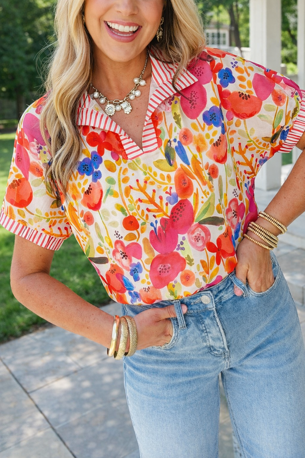Rose Striped Trim Floral Blouse LT