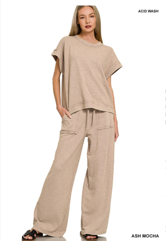 Washed Slub Short Sleeve Tee & Long Pants Set Zenana New RTS