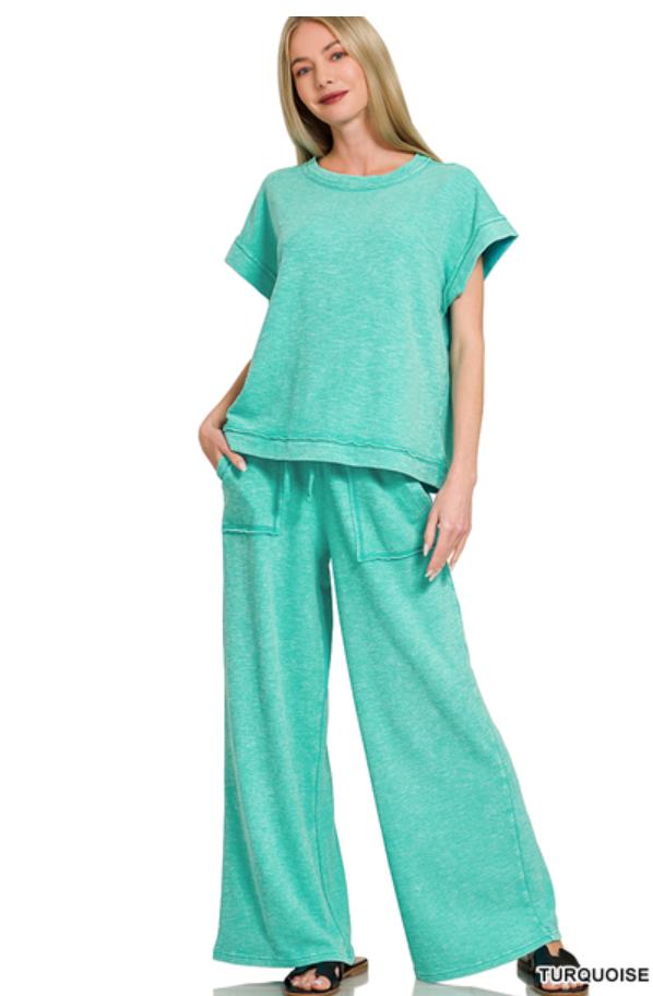Washed Slub Short Sleeve Tee & Long Pants Set Zenana