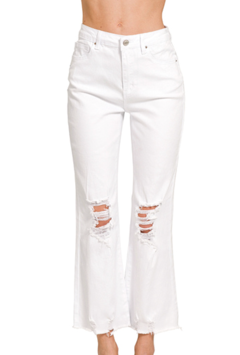 Acid Washed High Waist Distressed Straight Pants Zenana New RTS