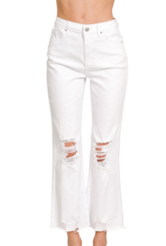 Acid Washed High Waist Distressed Straight Pants Zenana New RTS