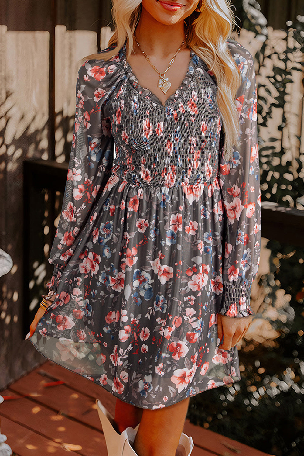 Smocked Floral Mesh Dress LT