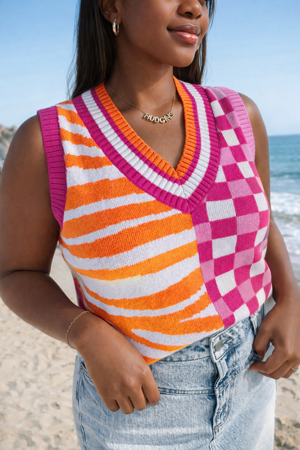 Striped Checker Contrast Sweater Vest LT