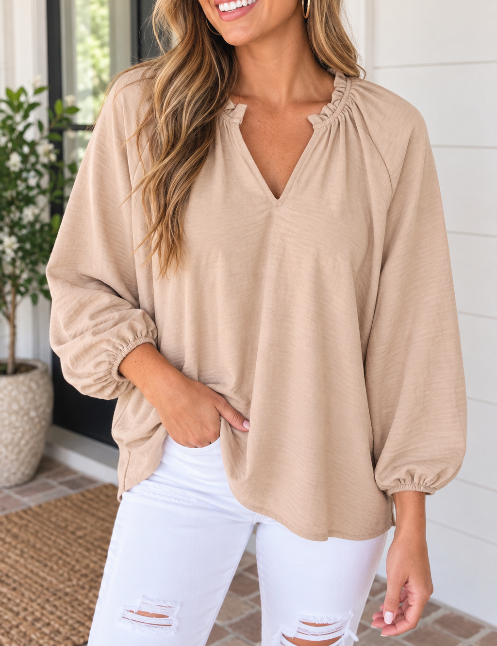 V Neck Cuff Blouse