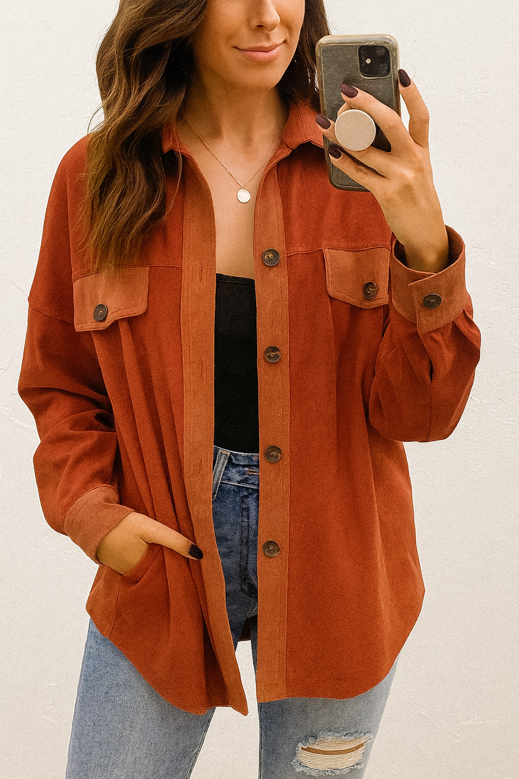 Velvet Flap Pockets Shacket LT