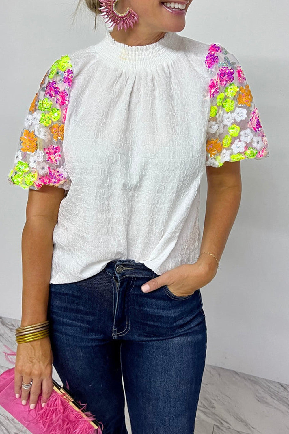 White Sequin Flower Sleeve Top LT