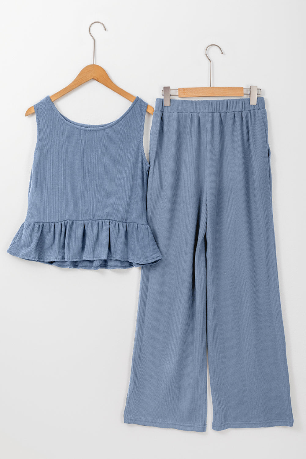 Blue Ribbed Ruffle Tank and Pants Set RTS