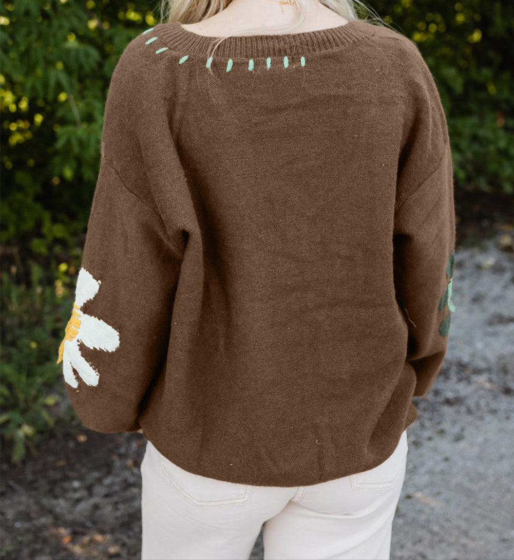 Big Flower Pattern V Neck Sweater *multiple colors* RTS