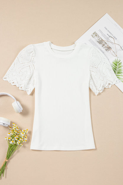 White Eyelet Patterned Ribbed Top RTS