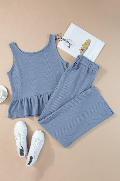 Blue Ribbed Ruffle Tank and Pants Set RTS