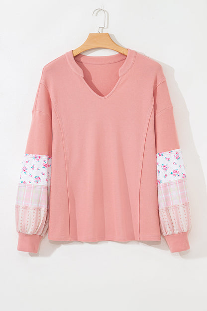 Pink Floral Sleeve Waffle Plus Top LT