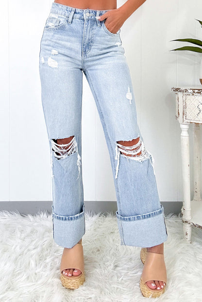 Light-Wash Distressed Flare Jeans