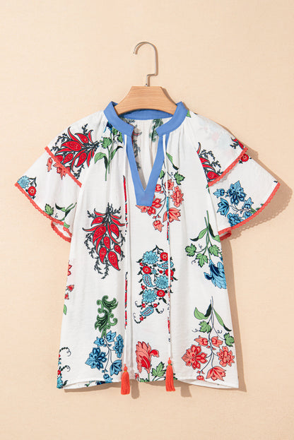 White Floral Contrast Blouse LT
