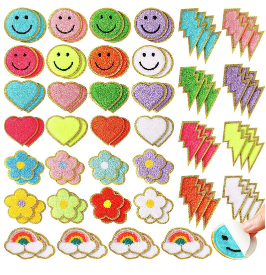Chenille Iron on Patches 3D Cute Embroidered Rainbow Lightning Smile Face Heart Self Adhesive Patches