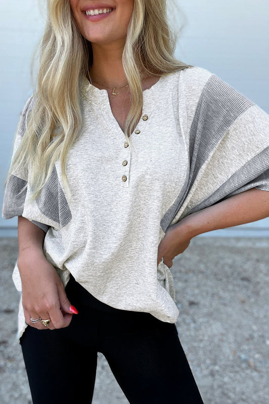 Light Grey Two Tone Waffle Knit V Neck Top RTS